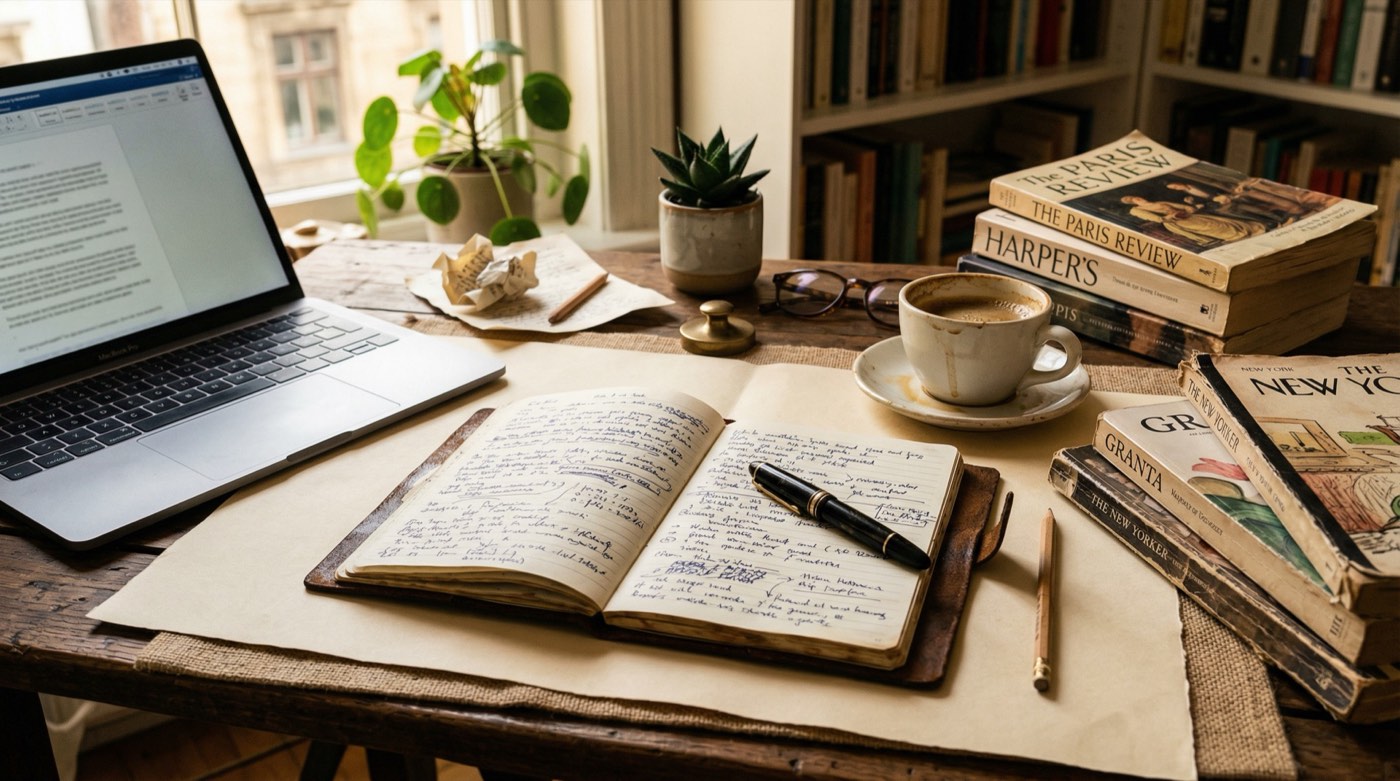 A writer's desk with notebooks, coffee, and literary magazines